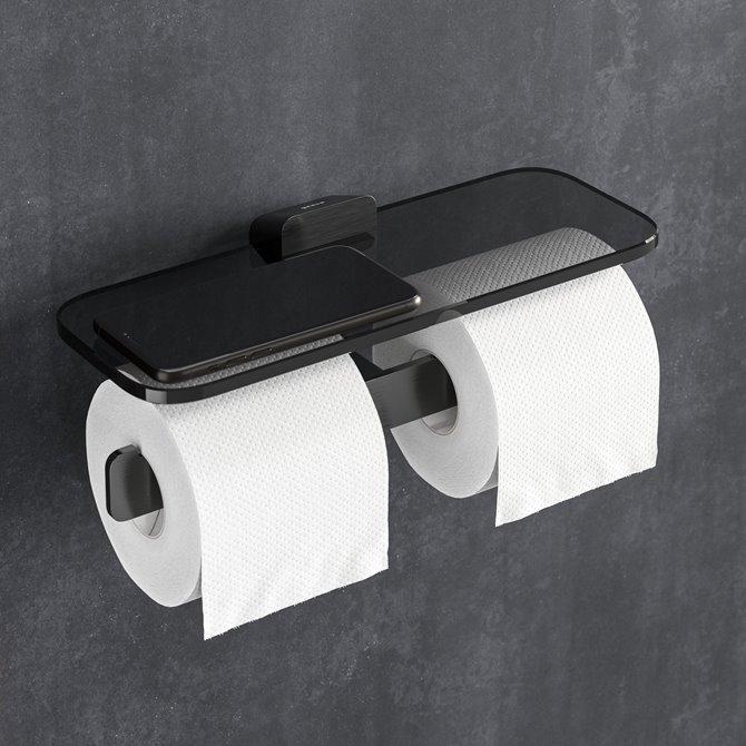 BRUSHED BLACK METAL - Toiletrolhouder dubbel met planchet