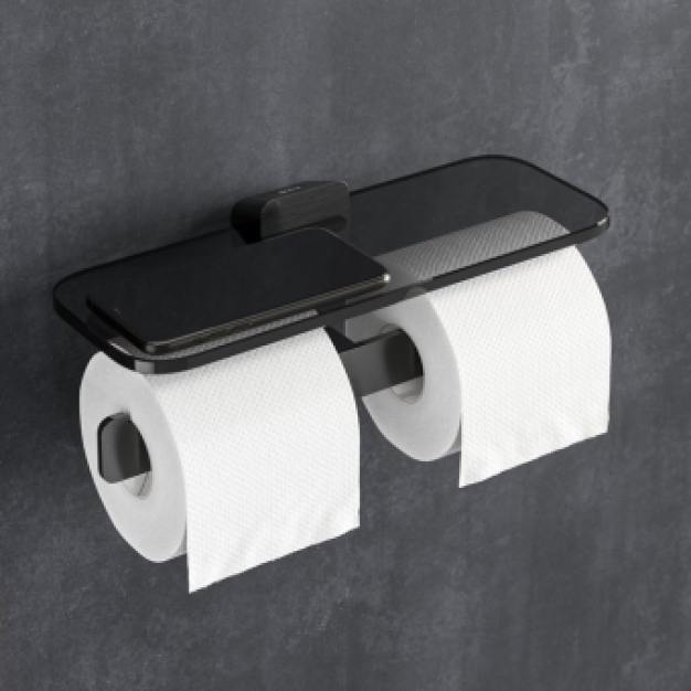 BRUSHED BLACK METAL - Toiletrolhouder dubbel met planchet